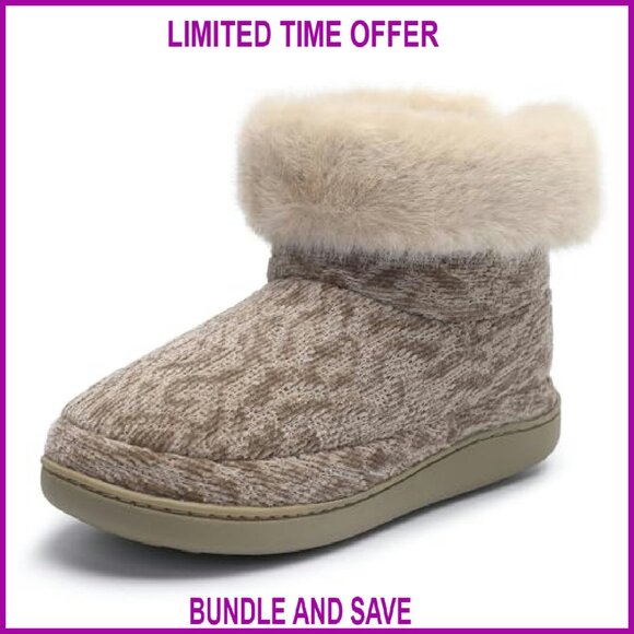 Women's Fuzzy Lined Knit Bootie Slippers Non-Slip Indoor Outdoor Shoes - Picture 2 of 8